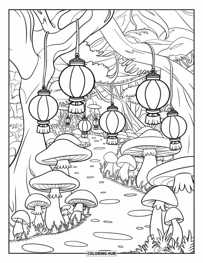 Mushroom Coloring Page for Kids: Mushrooms with glowing lanterns and a winding path