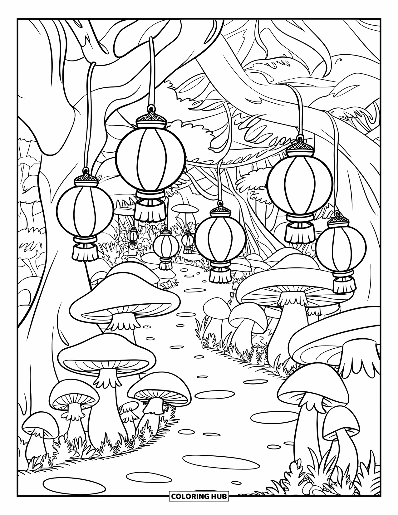 Mushroom Coloring Page for Kids: Mushrooms with glowing lanterns and a winding path