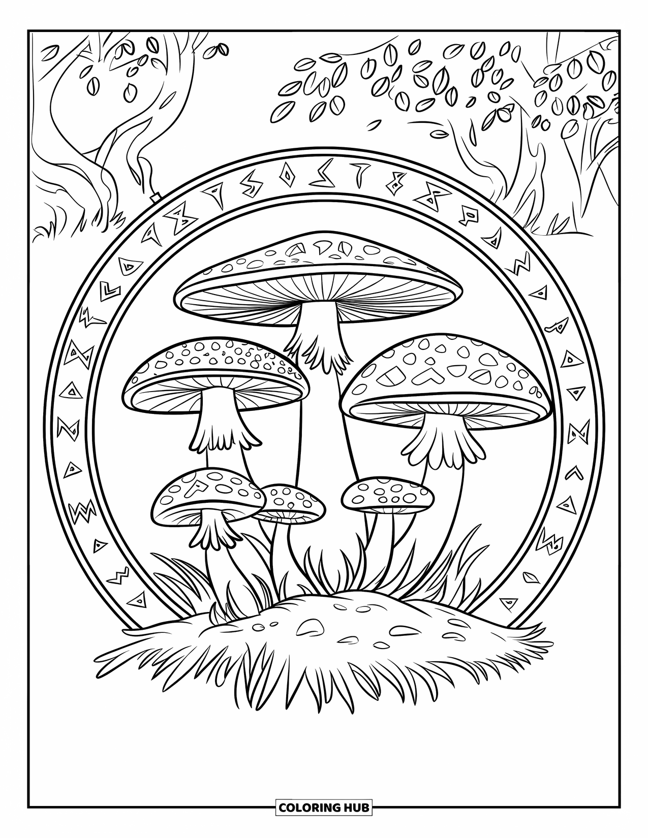 Mushroom Coloring Page for Kids: Mushrooms with runes carved into their caps