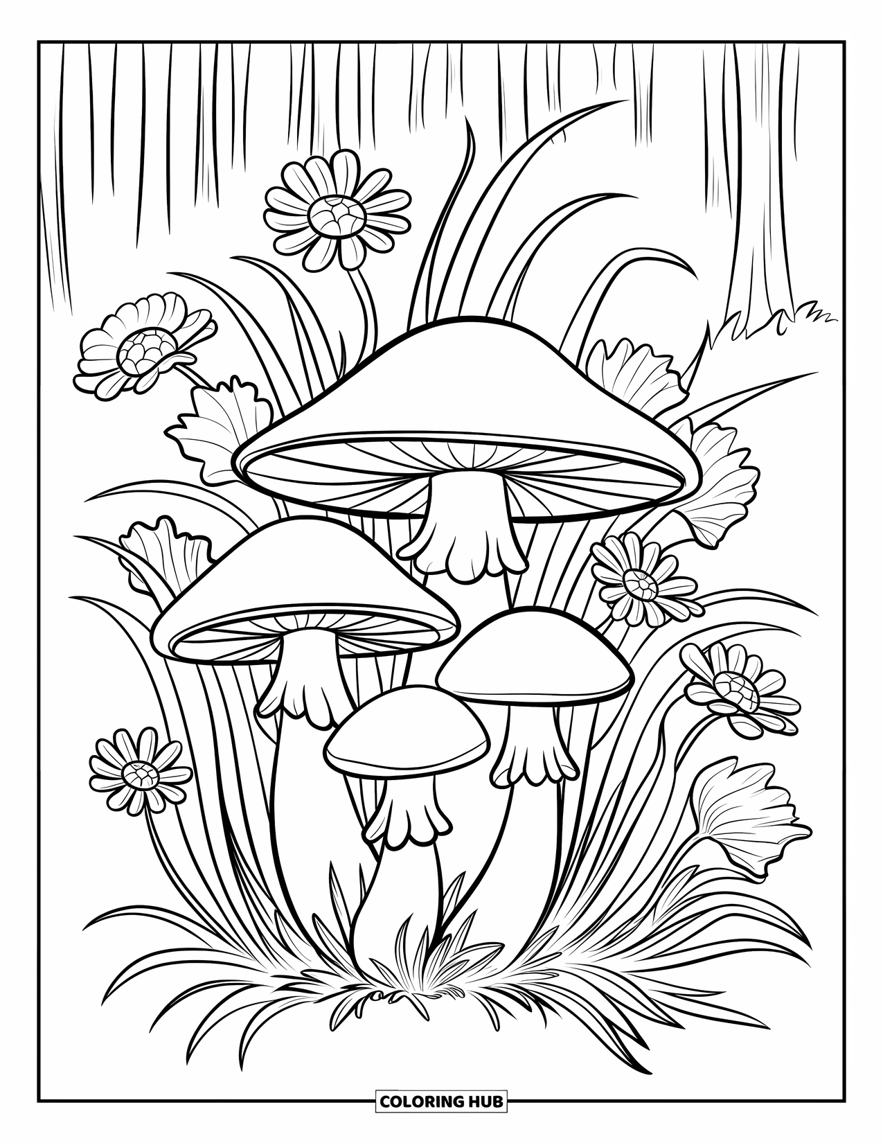 Mushroom Coloring Page for Kids: Mushrooms with tall grass and blooming flowers