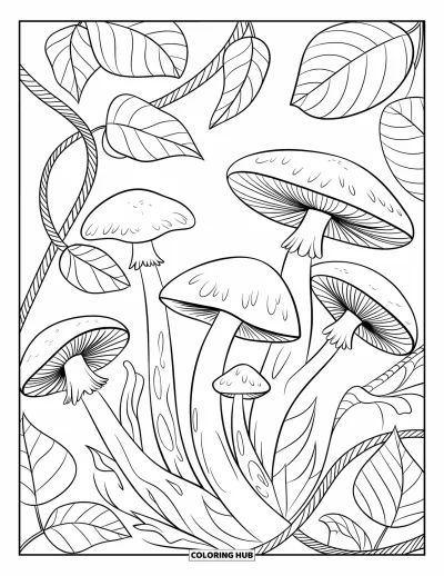 Mushroom Coloring Page for Kids: Mushrooms with thick vines and large leaves