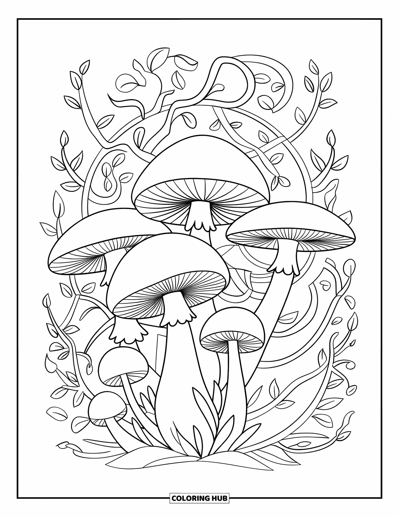 Mushroom Coloring Page for Kids: Mushrooms with vines and leaves in a clean outline
