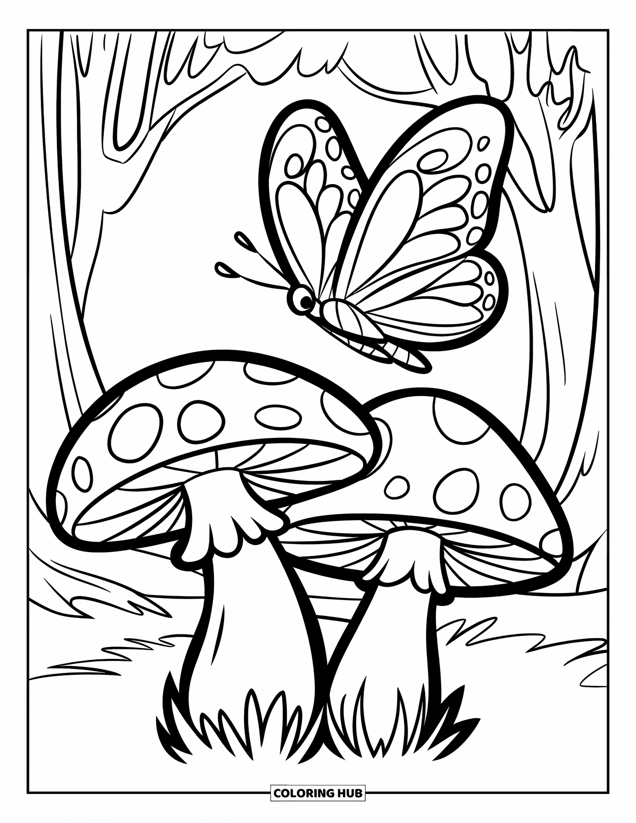 Mushroom Coloring Page for Kids: Two mushrooms side by side with a butterfly above