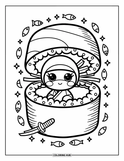 Coloriage de ninja pour adultes : Un ninja chibi passe la tête hors d'un énorme rouleau de sushi, en tenant le bord de ses petites mains