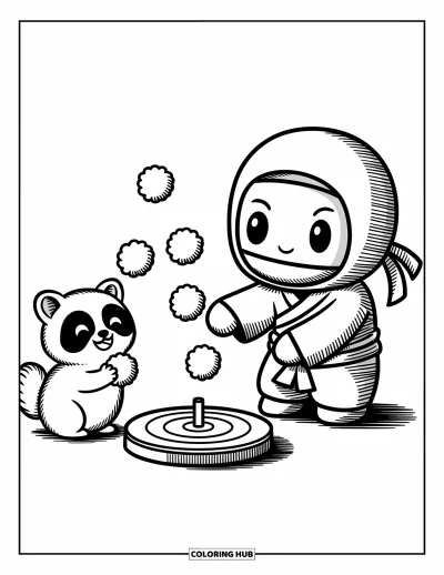 Coloriage de ninja pour adultes : Un ninja chibi lance joyeusement des boulettes de riz vers une cible en bois pendant qu'un tanuki observe