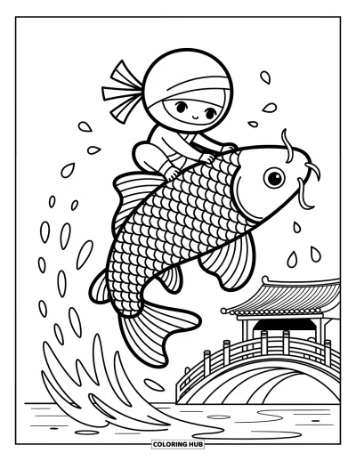Coloriage de ninja pour adultes : Un ninja chibi chevauche un gigantesque poisson koi qui bondit gracieusement hors de l'eau