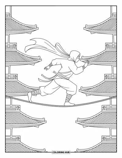 Coloriage de ninja pour adultes : Un ninja encapuchonné fonce sur une corde raide entre des pagodes, sa robe gonflée par le vent