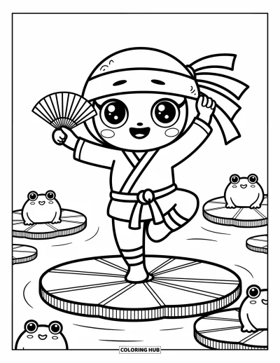 Coloriage de ninja pour adultes : Un ninja kawaii se tient sur un nénuphar, entouré de grenouilles joueuses qui sautillent à proximité