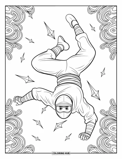 Coloriage de ninja pour adultes : Un ninja masqué fait un salto en plein air, entouré d'étoiles de lancer dans un mouvement acrobatique dynamique