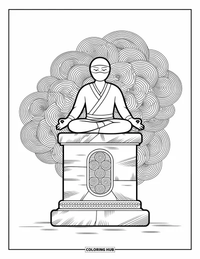 Coloriage de ninja pour adultes : Un ninja en méditation est assis en position du lotus au sommet d'un ancien pilier de pierre aux motifs détaillés