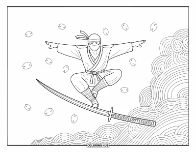 Coloriage de ninja pour adultes : Un ninja, les bras écartés, se stabilise sur une lame de katana pendant que des pétales flottent à proximité