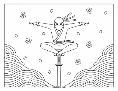 Coloriage de ninja pour adultes : Un ninja garde l'équilibre sur la pointe d'une lame de katana, entouré de pétales de cerisier flottants