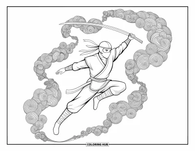 Coloriage de ninja pour adultes : Un ninja tient habilement son équilibre sur la pointe d'un katana, entouré de pétales de cerisier qui dérivent