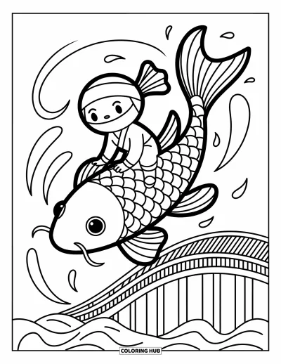Coloriage de ninja pour adultes : Un ninja s'accroche à la nageoire d'un poisson koi, filant au-dessus de vagues ondulantes
