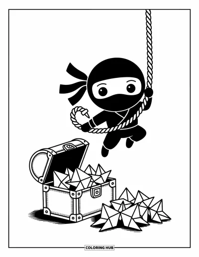 Coloriage de ninja pour adultes : Un ninja est suspendu en l'air à une corde, tandis qu'un coffre laisse échapper des shurikens en origami pliés