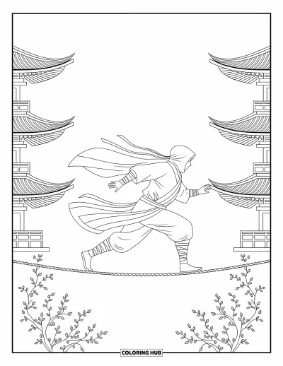 Coloriage de ninja pour adultes : Un ninja court sur une corde raide, le vent fouettant sa cape tandis que des pagodes s'élèvent autour de lui
