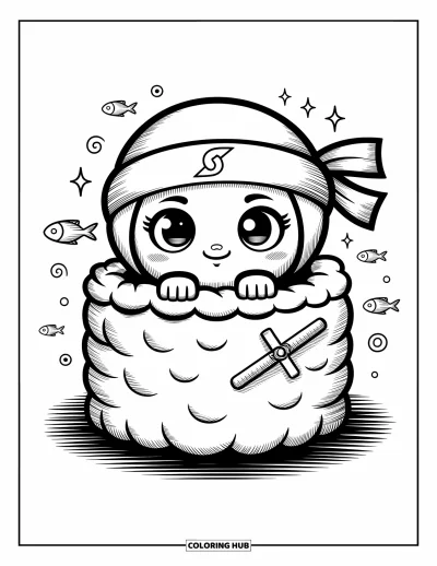 Coloriage de ninja pour adultes : Un ninja garde gracieusement l'équilibre sur un nénuphar tandis que des grenouilles joyeuses sautent autour de l'étang paisible