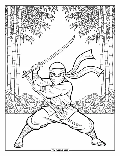 Coloriage de ninja pour adultes : Un ninja serre deux dagues sai, prêt au combat, son écharpe gonflée par le vent
