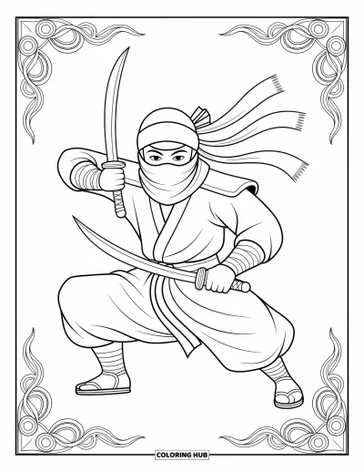 Coloriage de ninja pour adultes : Un ninja en posture de combat féroce manie deux dagues sai, avec une écharpe fluide couvrant son visage