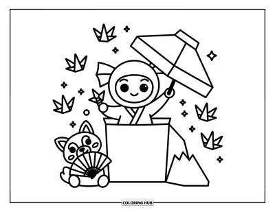 Coloriage de ninja pour adultes : Un ninja saute hors d'une boîte d'origami, tenant un minuscule shuriken pendant qu'un tanuki bienveillant l'observe