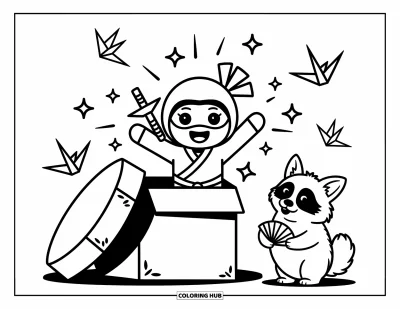 Coloriage de ninja pour adultes : Un ninja sort en jouant d'une boîte d'origami, entouré de grues en papier flottantes et d'étincelles
