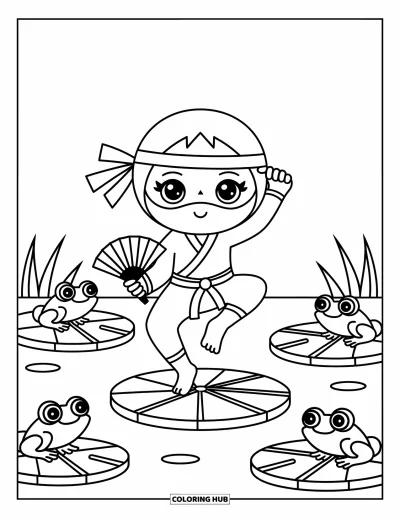 Coloriage de ninja pour adultes : Un ninja chevauche un poisson koi en plein saut, avec de l'eau tourbillonnante et un pont en bois en arrière-plan