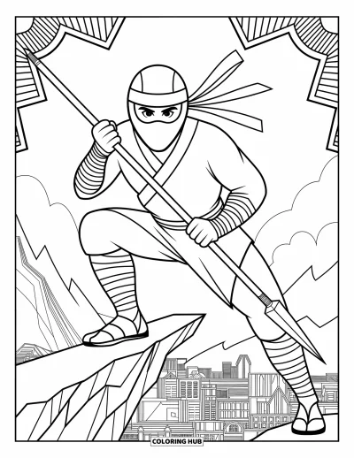 Coloriage de ninja pour adultes : Un ninja se tient fermement sur un rebord de montagne, lance en main, observant un vaste paysage urbain