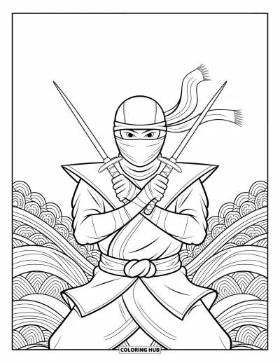 Coloriage de ninja pour adultes : Un ninja se tient prêt avec deux dagues sai, sa posture est solide et son écharpe flotte derrière lui