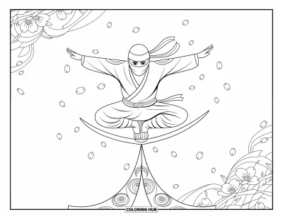 Coloriage de ninja pour adultes : Un ninja se tient les bras largement ouverts, en équilibre sur une lame de katana pendant que des pétales tourbillonnent autour de lui