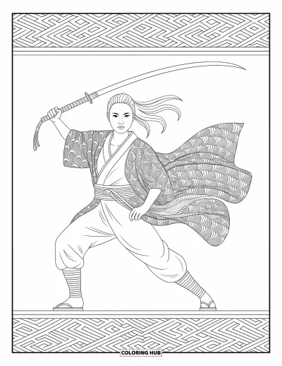 Coloriage de ninja pour adultes : Une ninja, lame-fouet en main, se déplace avec élégance, son kimono finement orné flottant derrière elle