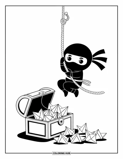 Coloriage de ninja pour adultes : Un ninja se balance avec un grappin au-dessus d'un coffre au trésor rempli de shurikens en origami