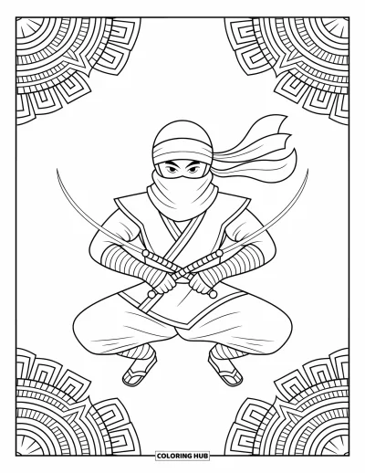 Coloriage de ninja pour adultes : Un ninja, deux dagues sai en main, se déplace avec précision, son écharpe flottant derrière lui