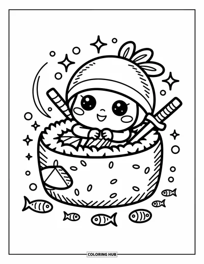 Coloriage de ninja pour adultes : Un ninja joueur se cache derrière un rouleau de sushi, entouré de poissons, de grains de riz et d'un petit shuriken