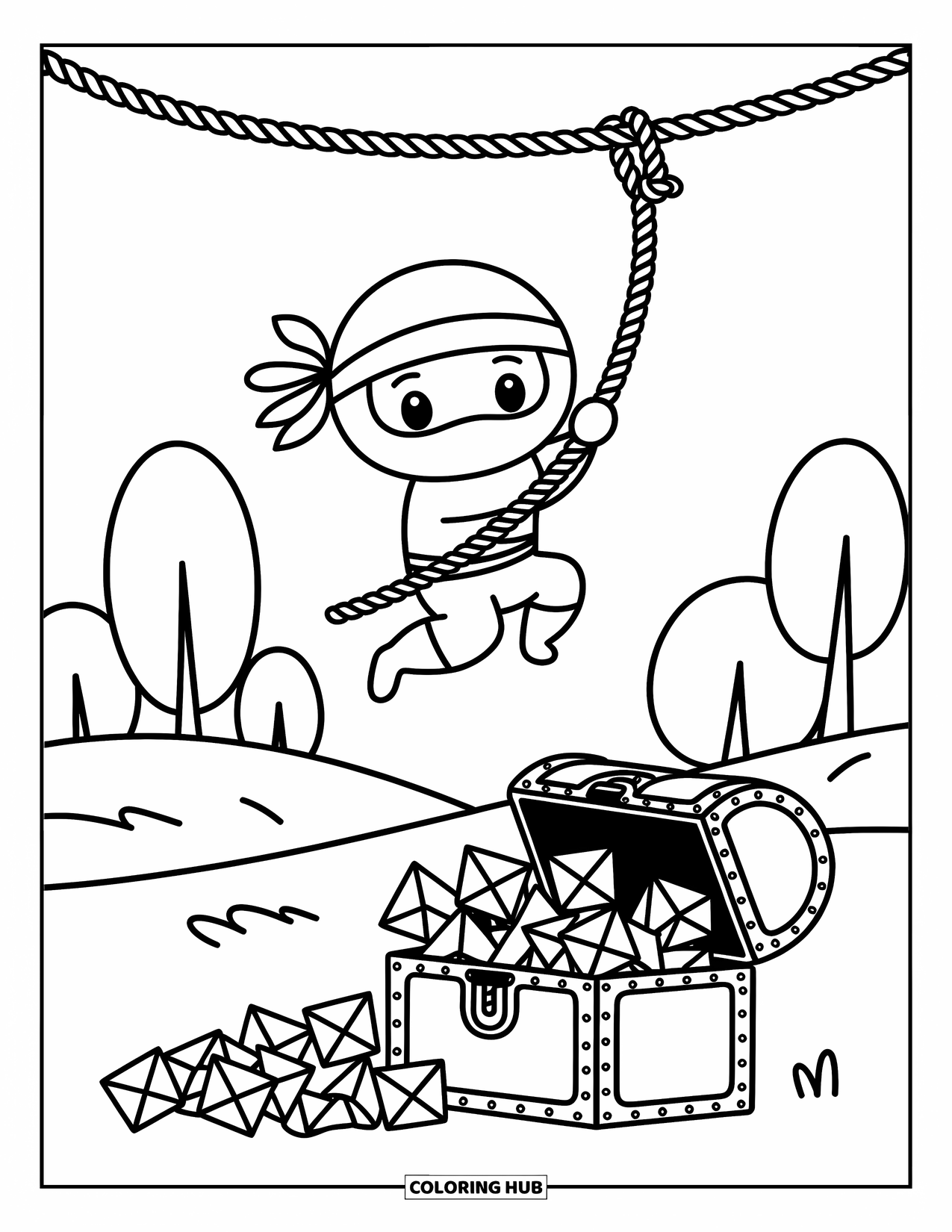 Ninja Coloring Page for Adults: A playful ninja swings from a rope as a treasure chest overflows with origami shurikens