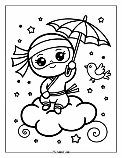 Coloriage de ninja pour adultes : Un tout petit ninja flotte sur un nuage, avec un petit oiseau volant à ses côtés et portant un rouleau