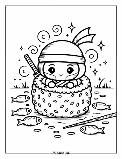 Coloriage de ninja pour adultes : Un tout petit ninja se stabilise sur un nénuphar, ajustant son bandeau pendant que des grenouilles le regardent