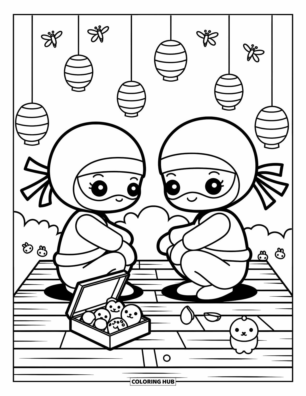 Desenho de ninja para colorir para adultos: Ninjas chibi sentam-se em um telhado, desfrutando de lanternas flutuantes e uma marmita de lanches fofos