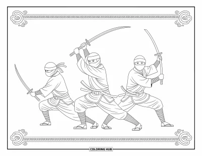 Coloriage de ninja pour adultes : Trois ninjas avancent à l'unisson, maniant avec précision un katana, une naginata ou un kama