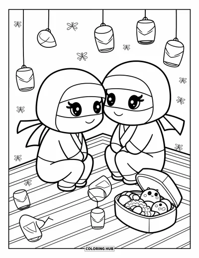 Coloriage de ninja pour adultes : Deux ninjas chibi accroupis sur un toit regardent des lanternes flotter pendant que des lucioles brillent autour d'eux