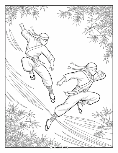 Coloriage de ninja pour adultes : Deux ninjas bondissent avec grâce dans une dense forêt de bambous, entourés de motifs de vent tourbillonnants