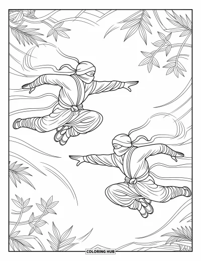 Coloriage de ninja pour adultes : Deux ninjas se déplacent en parfaite synchronisation, bondissant dans une forêt de hauts bambous ondulants