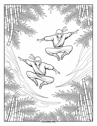 Coloriage de ninja pour adultes : Deux ninjas se déplacent dans une forêt de bambous, leurs mouvements rapides se mêlant au vent fluide