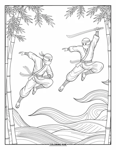 Coloriage de ninja pour adultes : Deux ninjas traversent en bondissant une forêt de bambous, leurs mouvements suivant le souffle du vent