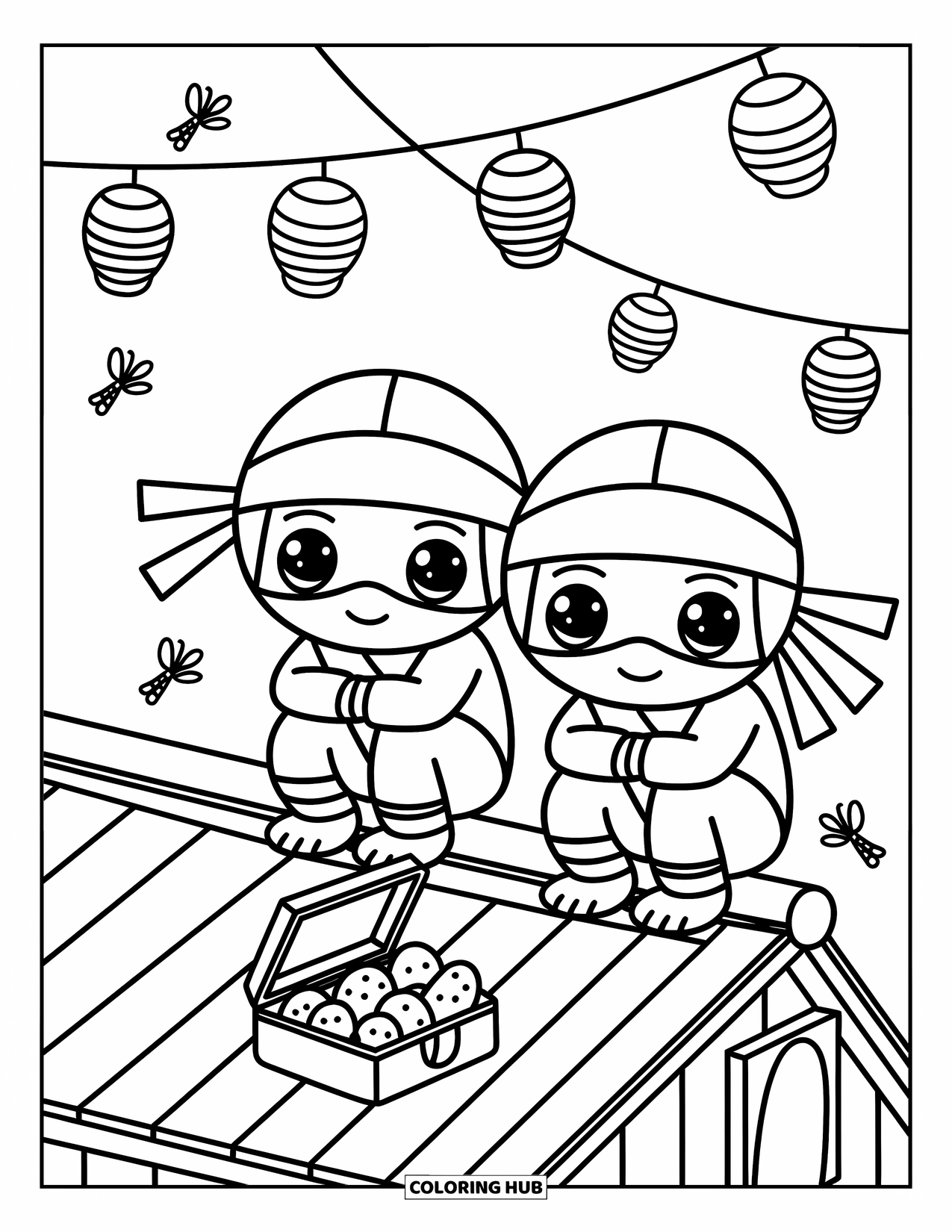 Ninja Coloring Page for Adults: Two tiny ninjas crouch on a rooftop, enjoying the lanterns and a shared bento box