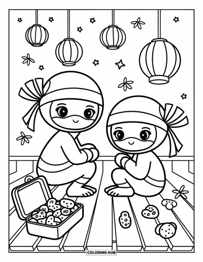 Coloriage de ninja pour adultes : Deux tout petits ninjas se détendent sur un toit en admirant des lanternes qui dérivent dans le ciel nocturne