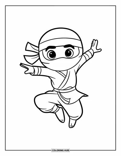 Coloriage de ninja pour enfants : Un ninja joyeux en tunique courte bondit en jouant, sur un fond simple et épuré