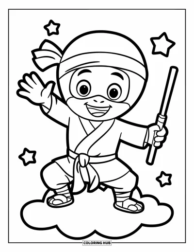 Coloriage de ninja pour enfants : Un ninja souriant fait signe depuis un nuage, avec des étoiles scintillantes en arrière-plan