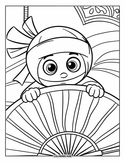 Coloriage de ninja pour enfants : Un ninja mignon passe la tête derrière un grand éventail en papier, les yeux grands ouverts de curiosité