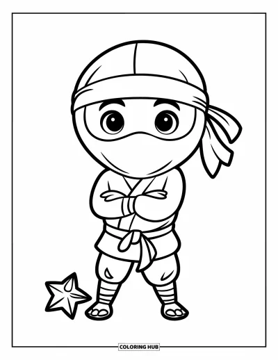 Coloriage de ninja pour enfants : Un ninja mignon se tient les bras croisés, avec une petite étoile de lancer posée à côté de lui