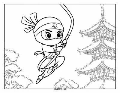 Coloriage de ninja pour enfants : Un ninja mignon se balance à un grappin, passant devant de hautes tours pagodes et des arbres
